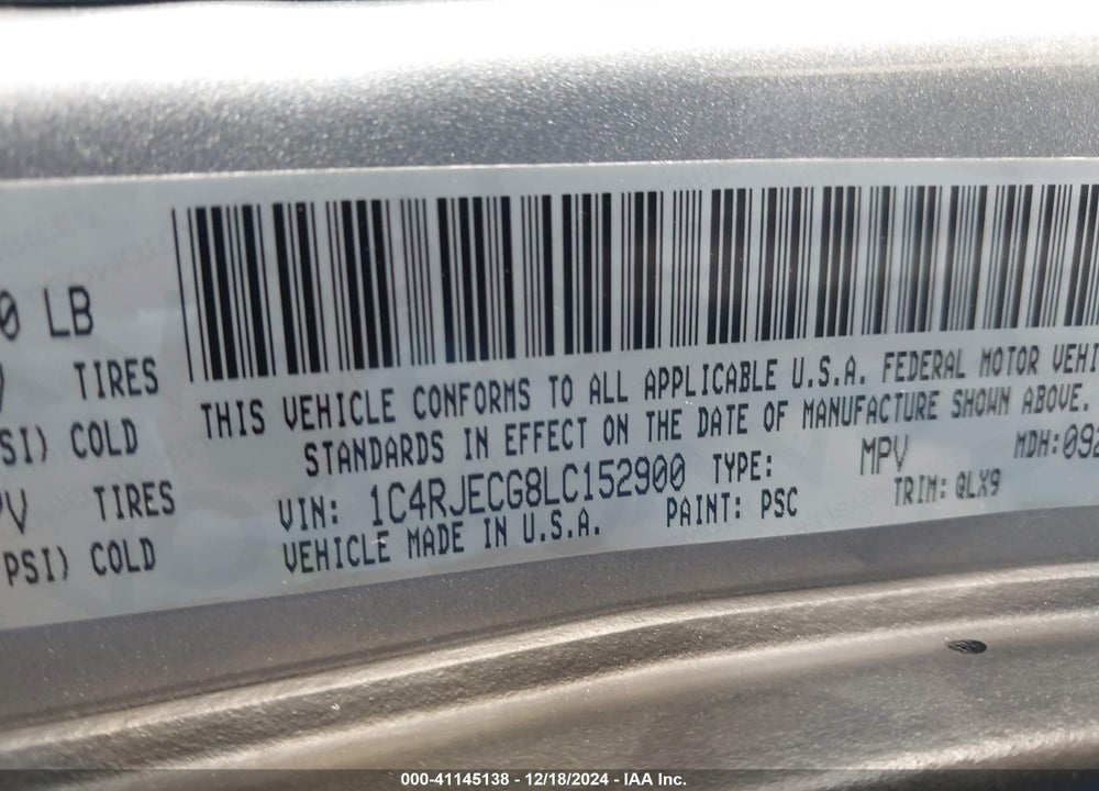 2020 JEEP GRAND CHEROKEE HIGH ALTITUDE 4X2 VIN: 1C4RJECG8LC152900