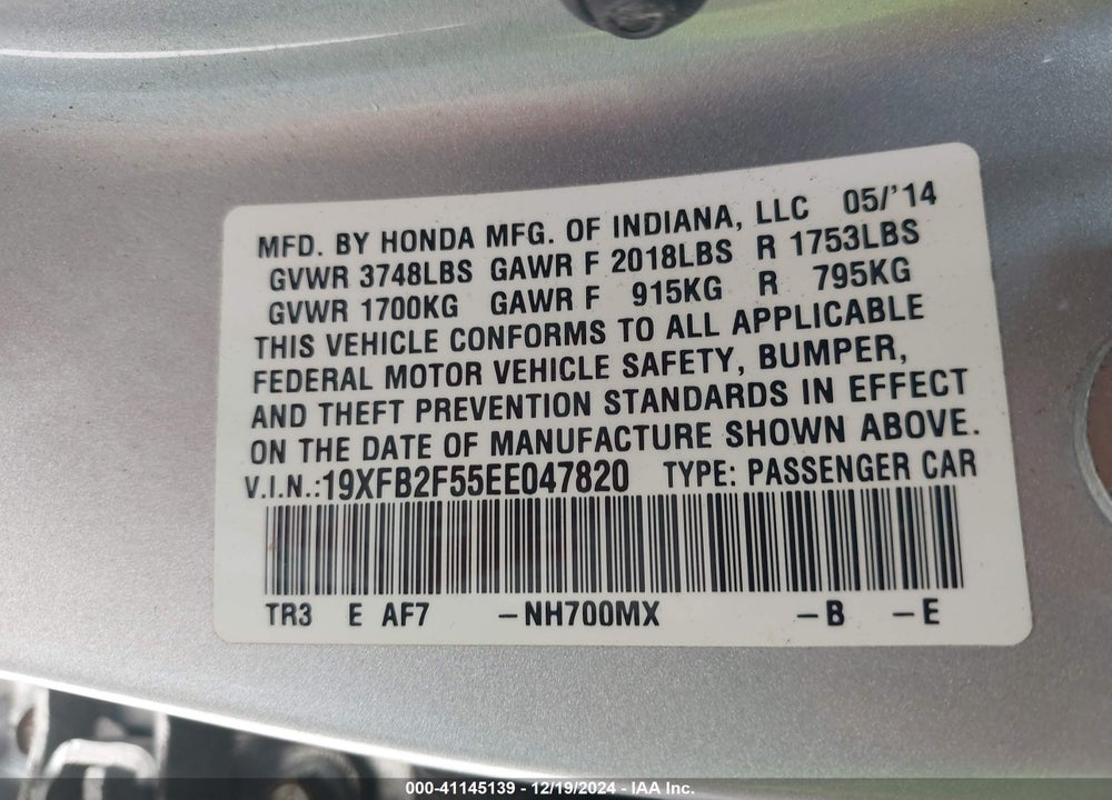 2014 HONDA CIVIC LX VIN: 19XFB2F55EE047820
