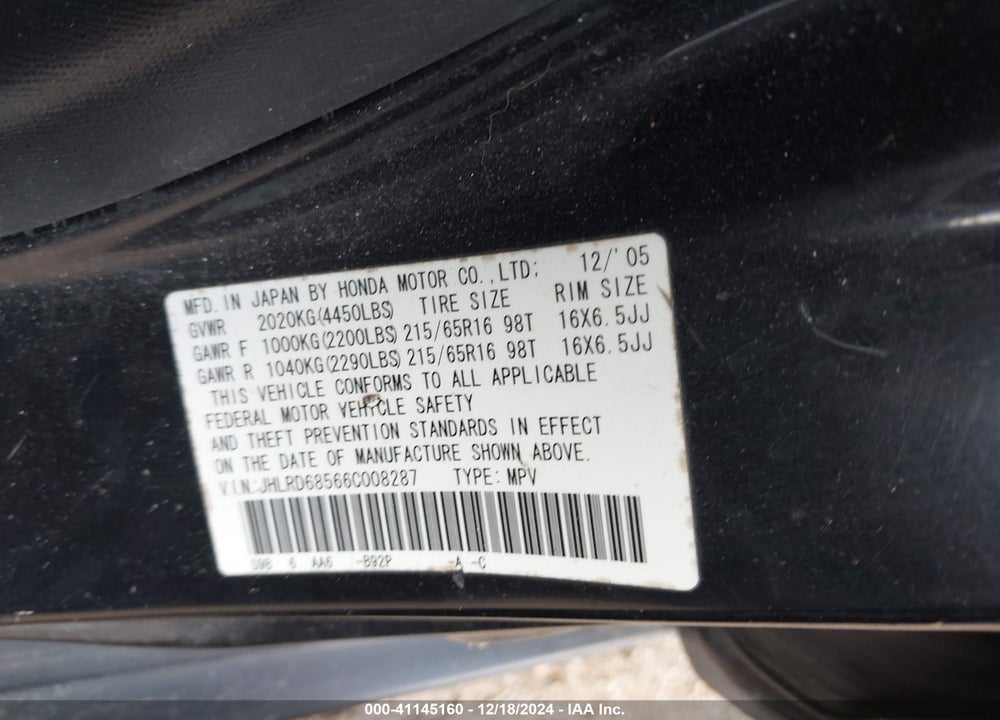 2006 HONDA CR-V LX VIN: JHLRD68566C008287