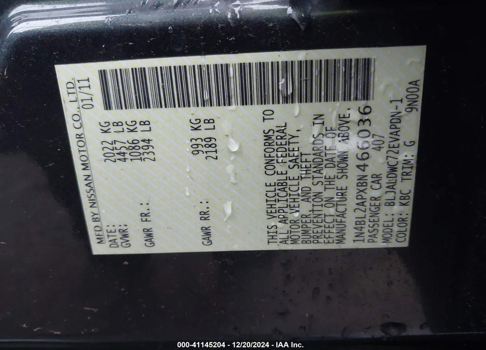2011 NISSAN ALTIMA VIN: 1N4BL2APXBN466036
