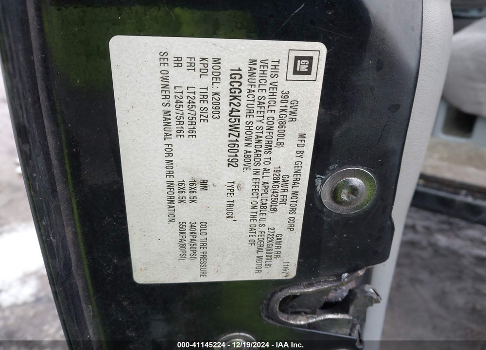 1998 CHEVROLET K2500 FLEETSIDE VIN: 1GCGK24J5WZ160192