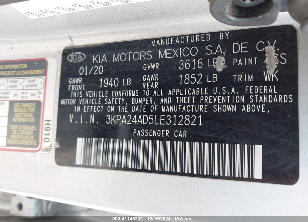 2020 KIA RIO S VIN: 3KPA24AD5LE312821