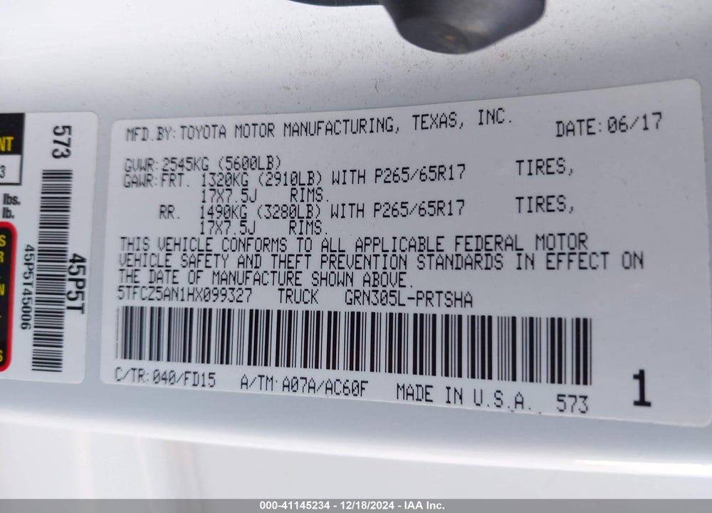 2017 TOYOTA TACOMA TRD SPORT VIN: 5TFCZ5AN1HX099327