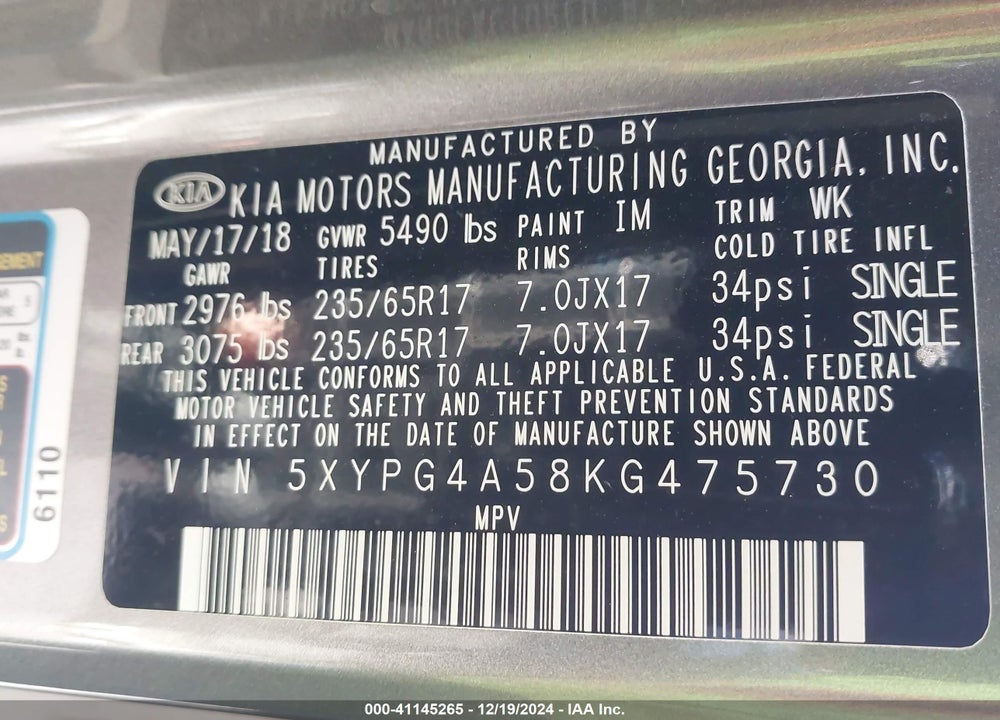 2019 KIA SORENTO 3.3L LX VIN: 5XYPG4A58KG475730
