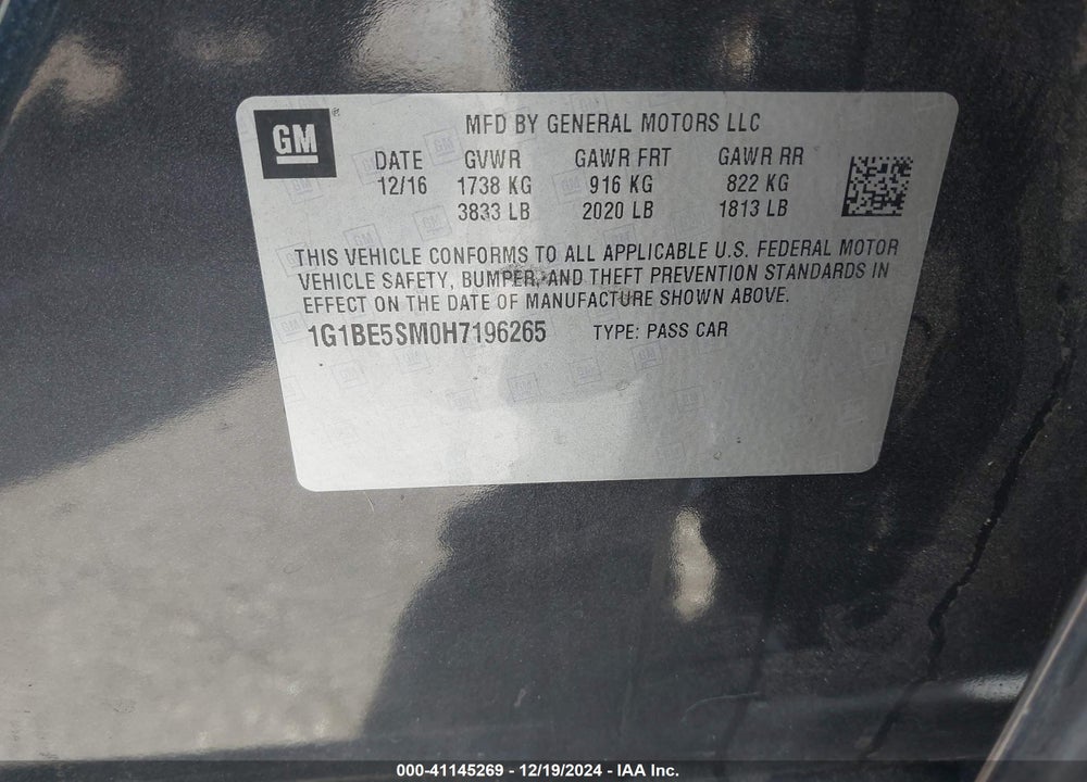 2017 CHEVROLET CRUZE VIN: 1G1BE5SM0H7196265