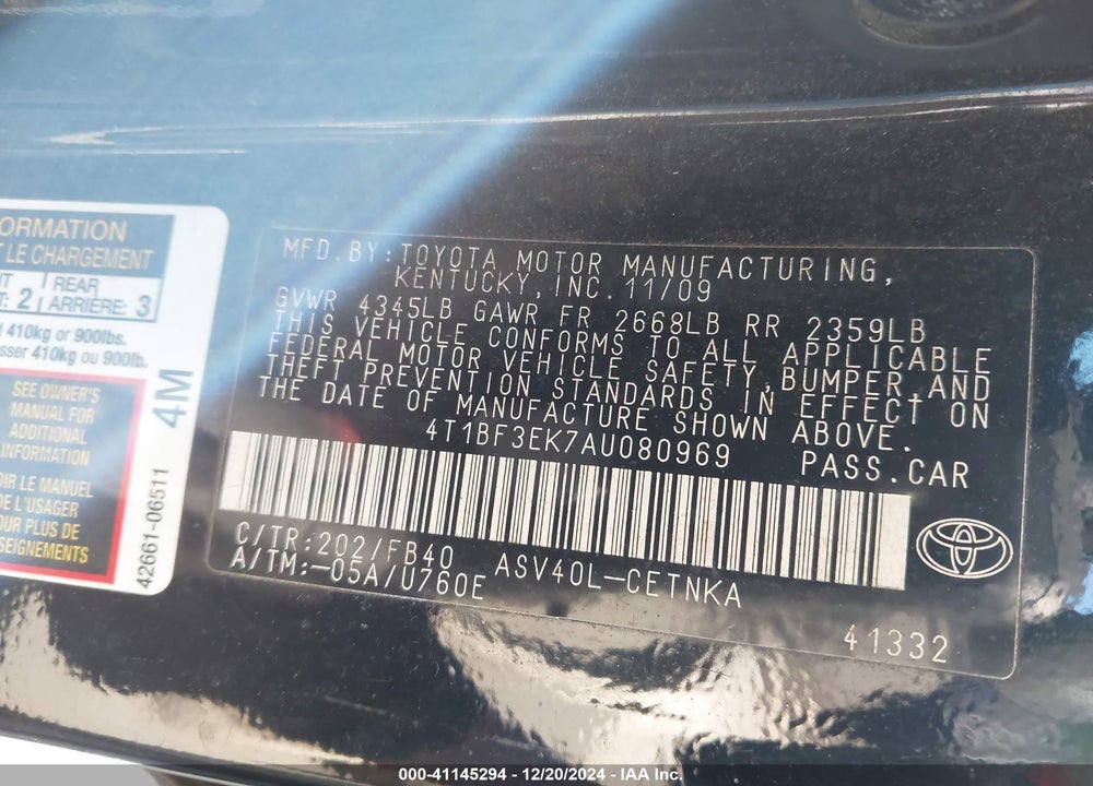 2010 TOYOTA CAMRY VIN: 4T1BF3EK7AU080969