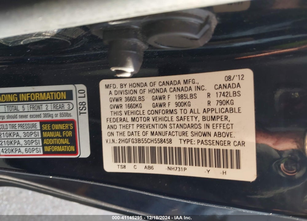 2012 HONDA CIVIC VIN: 2HGFG3B55CH558458