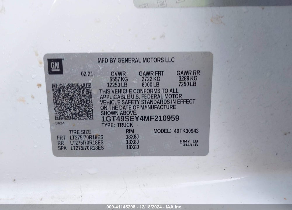 2021 GMC SIERRA 3500HD 4WD  LONG BED VIN: 1GT49SEY4MF210959