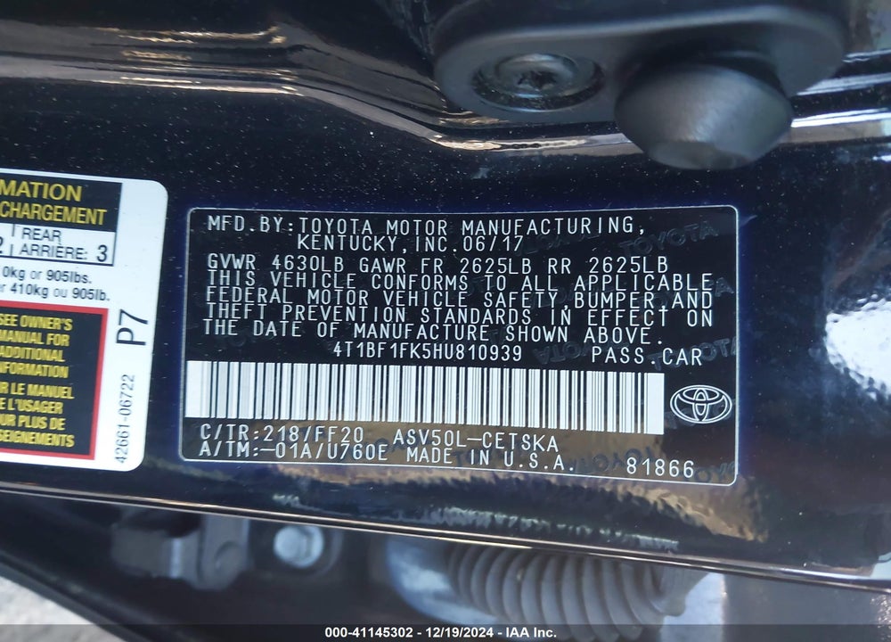 2017 TOYOTA CAMRY SE VIN: 4T1BF1FK5HU810939