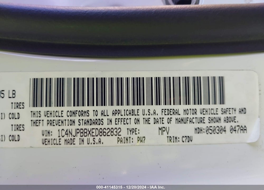 2014 JEEP PATRIOT SPORT VIN: 1C4NJPBBXED862832