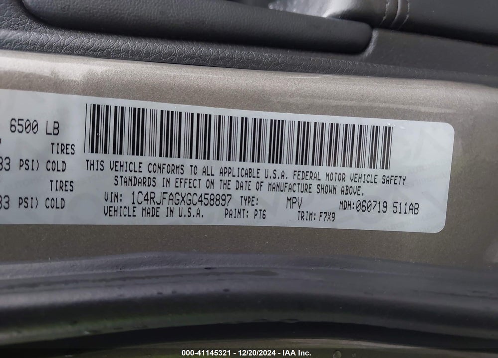 2016 JEEP GRAND CHEROKEE LAREDO VIN: 1C4RJFAGXGC458897