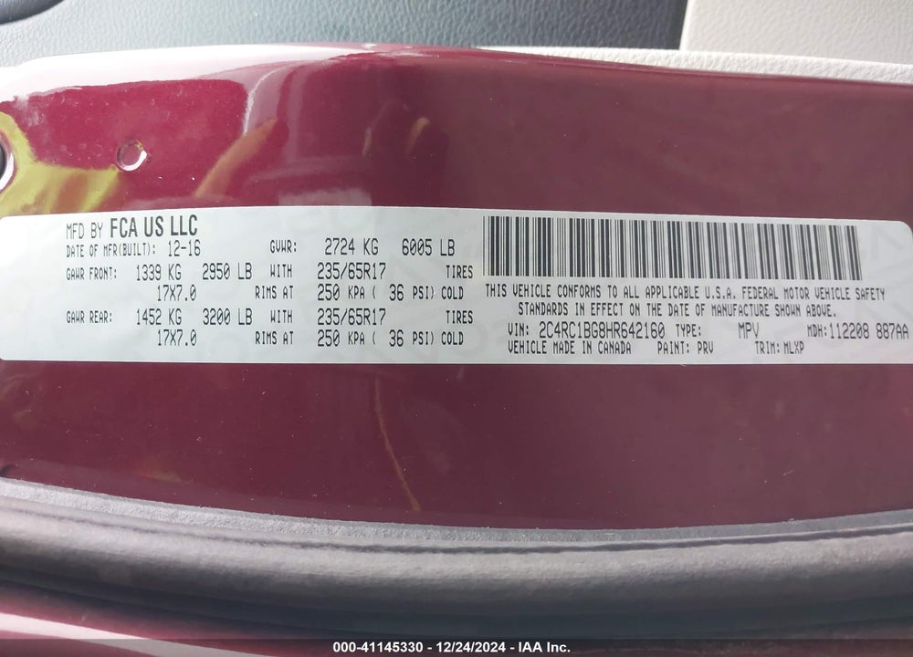 2017 CHRYSLER PACIFICA TOURING L VIN: 2C4RC1BG8HR642160