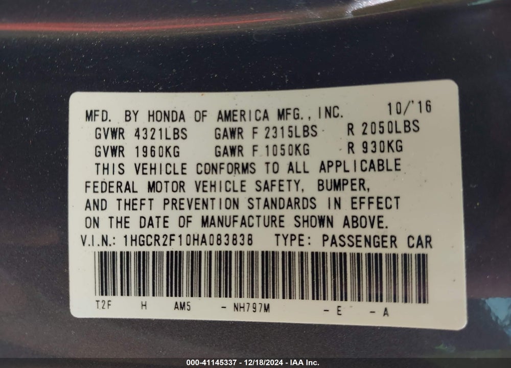 2017 HONDA ACCORD SPORT SE VIN: 1HGCR2F10HA083838