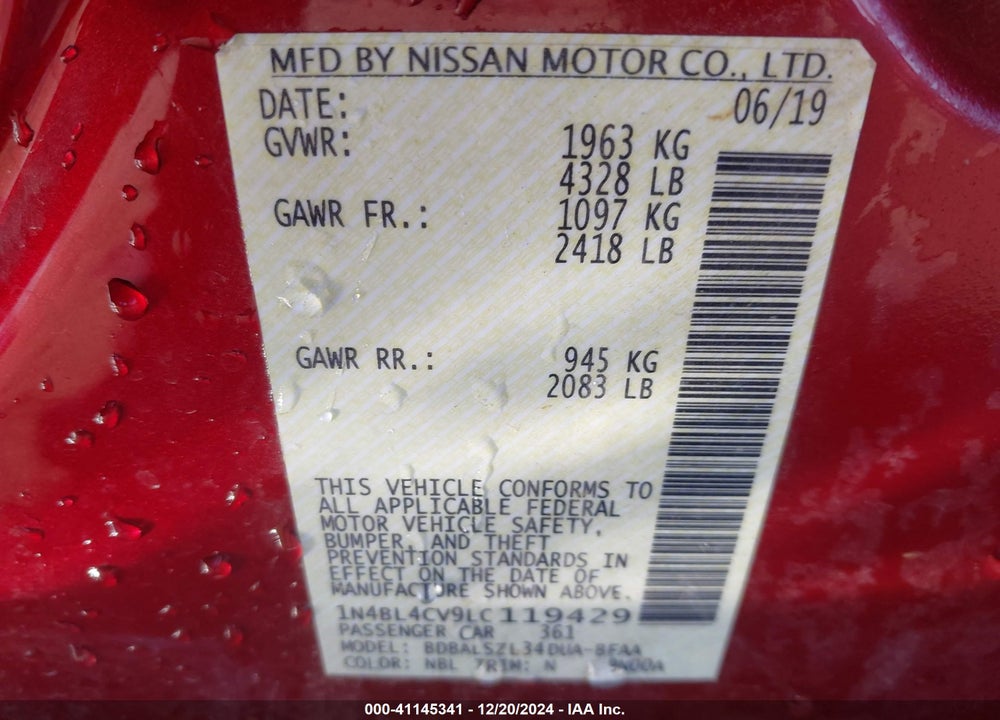 2020 NISSAN ALTIMA SR FWD VIN: 1N4BL4CV9LC119429