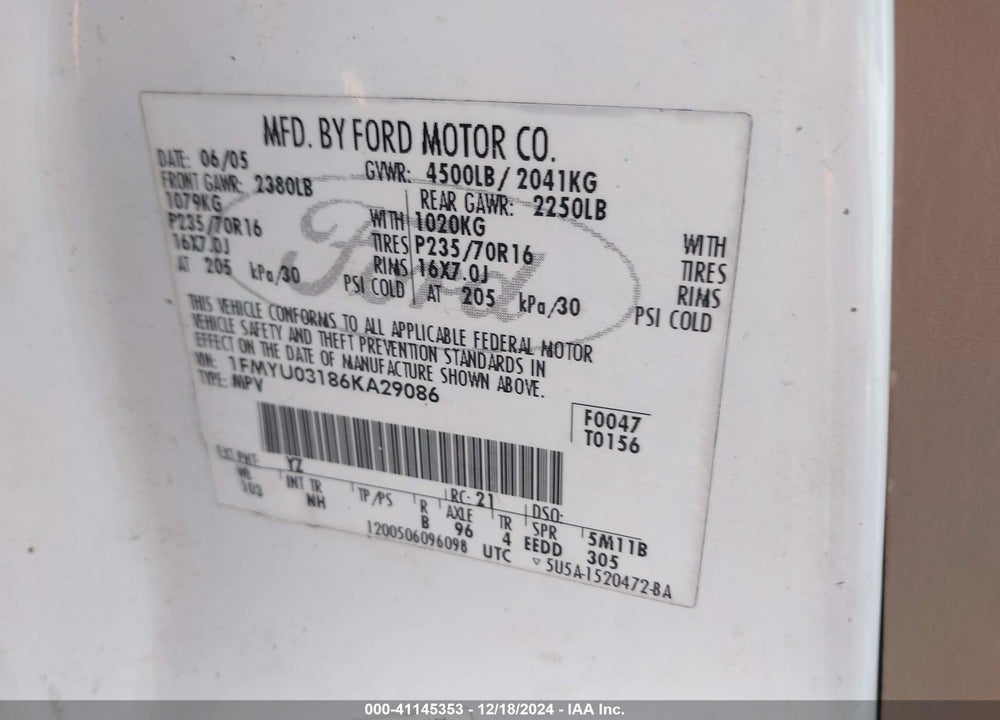 2006 FORD ESCAPE XLT/XLT SPORT VIN: 1FMYU03186KA29086