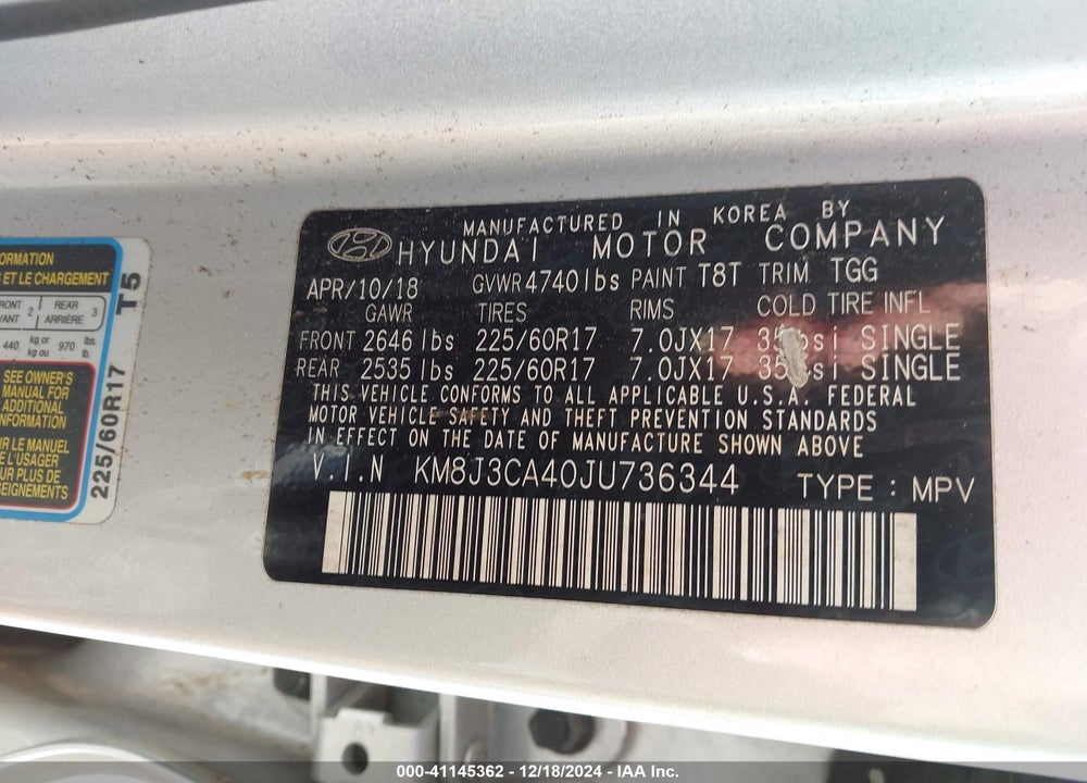 2018 HYUNDAI TUCSON SEL VIN: KM8J3CA40JU736344