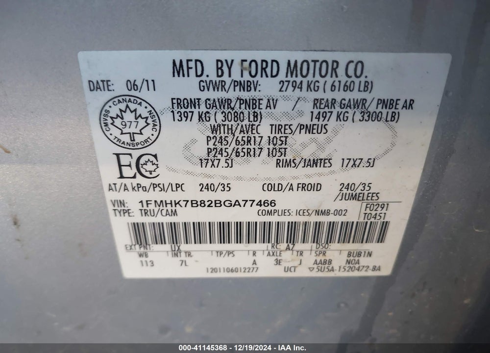 2011 FORD EXPLORER VIN: 1FMHK7B82BGA77466