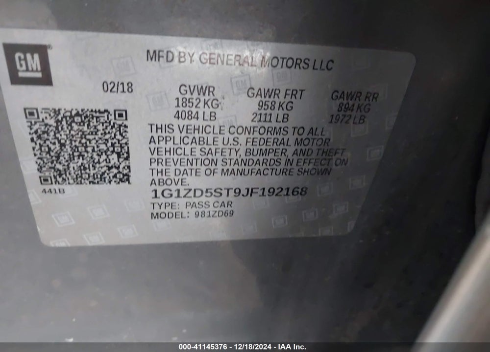 2018 CHEVROLET MALIBU VIN: 1G1ZD5ST9JF192168