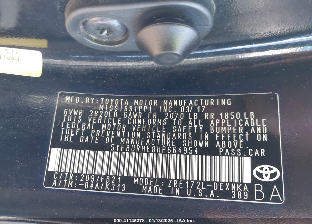 2017 TOYOTA COROLLA LE VIN: 5YFBURHE8HP664954