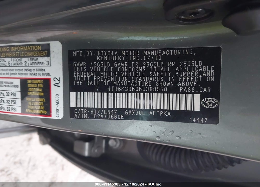 2011 TOYOTA AVALON LIMITED VIN: 4T1BK3DB0BU388550