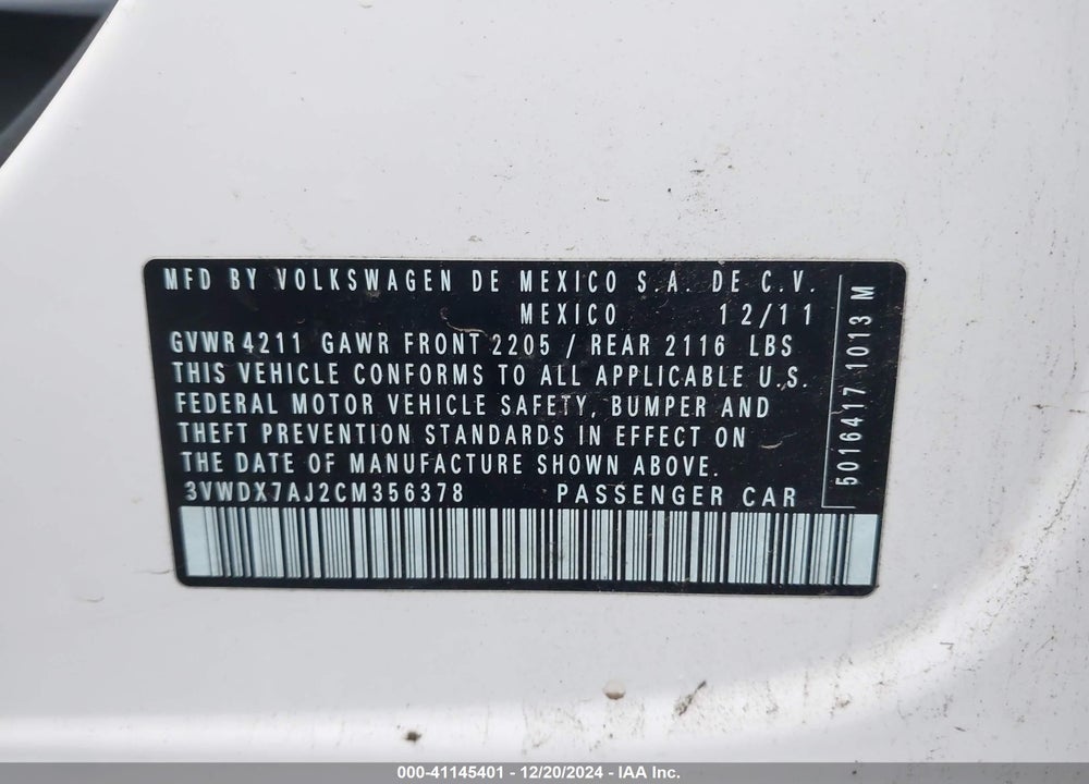 2012 VOLKSWAGEN JETTA VIN: 3VWDX7AJ2CM356378