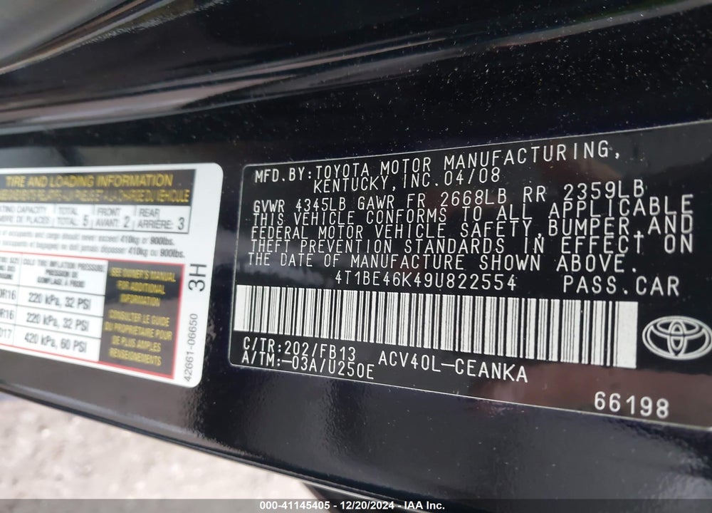2009 TOYOTA CAMRY VIN: 4T1BE46K49U822554