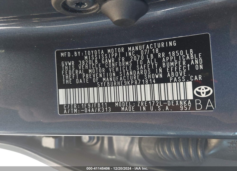 2019 TOYOTA COROLLA VIN: 5YFBURHE9KP871814