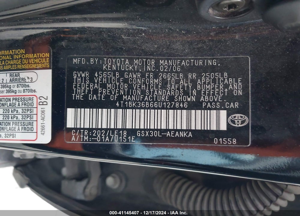 2006 TOYOTA AVALON VIN: 4T1BK36B66U127846