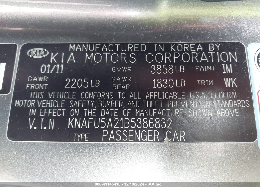 2011 KIA FORTE EX VIN: KNAFU5A21B5386832