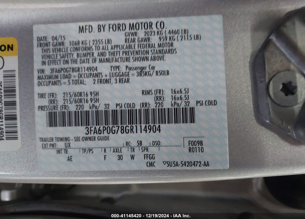 2016 FORD FUSION VIN: 3FA6P0G78GR114904