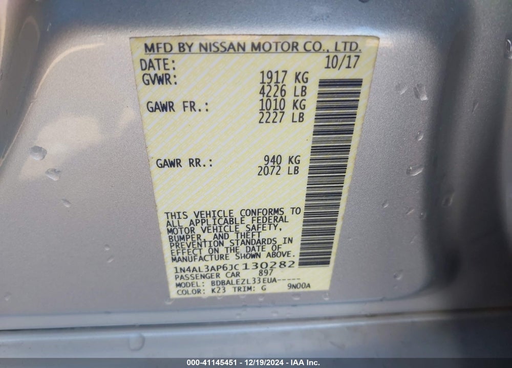 2018 NISSAN ALTIMA VIN: 1N4AL3AP6JC130282