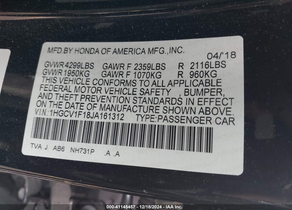 2018 HONDA ACCORD VIN: 1HGCV1F18JA161312