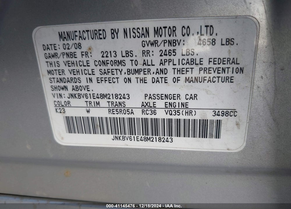 2008 INFINITI G35 VIN: JNKBV61E48M218243