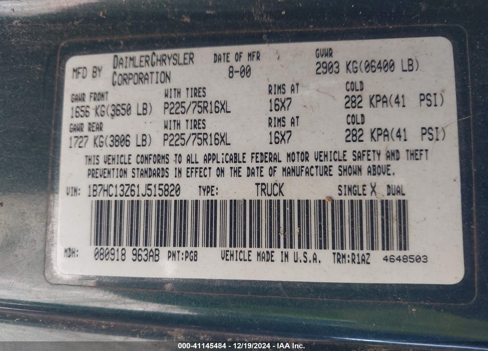 2001 DODGE RAM 1500 ST VIN: 1B7HC13Z61J515820