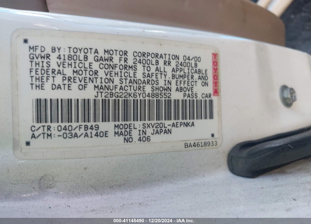 2000 TOYOTA CAMRY LE VIN: JT2BG22K6Y0488552