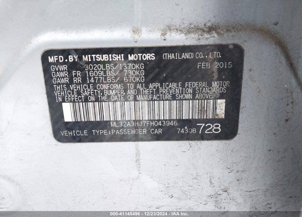 2015 MITSUBISHI MIRAGE VIN: ML32A3HJ7FH043946