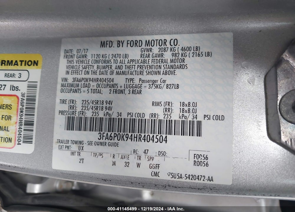 2017 FORD FUSION TITANIUM VIN: 3FA6P0K94HR404504