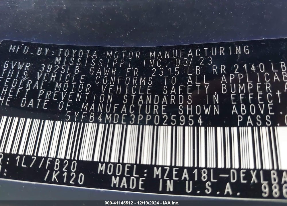 2023 TOYOTA COROLLA LE VIN: 5YFB4MDE3PP025954