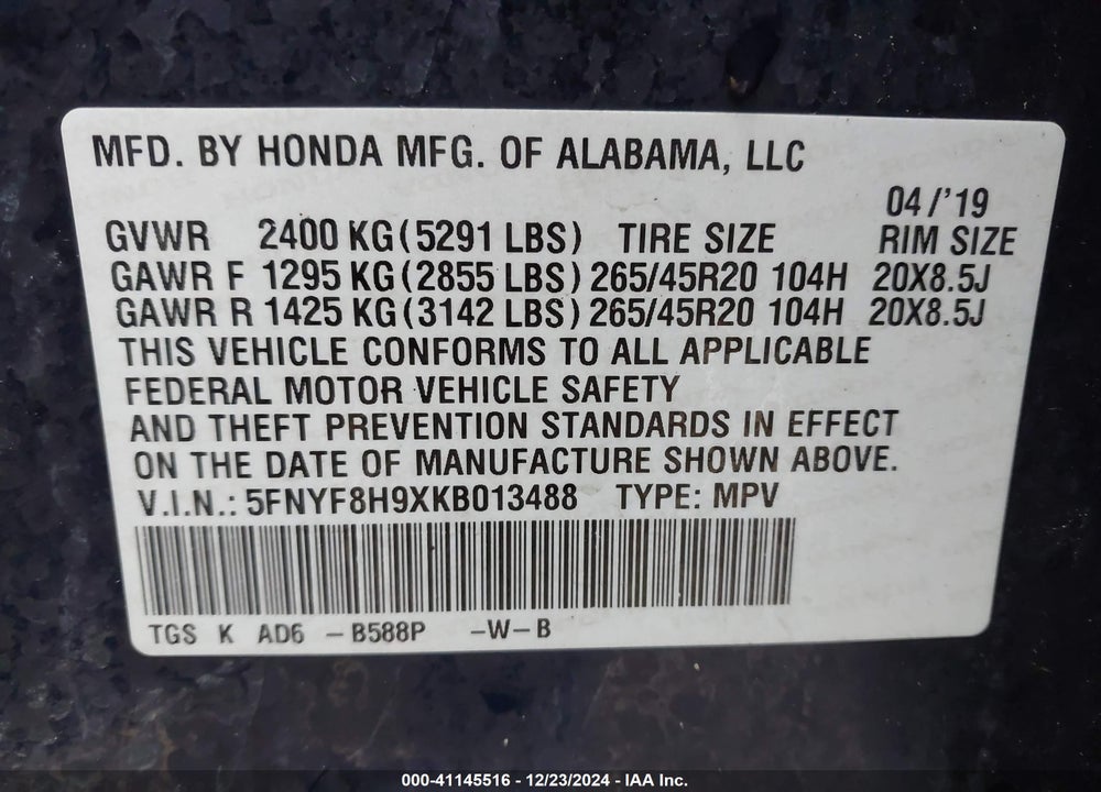 2019 HONDA PASSPORT VIN: 5FNYF8H9XKB013488