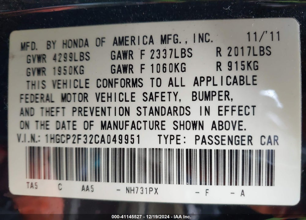 2012 HONDA ACCORD VIN: 1HGCP2F32CA049951
