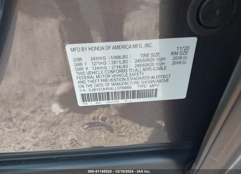 2020 ACURA MDX TECHNOLOGY PACKAGE VIN: 5J8YD3H54LL016666