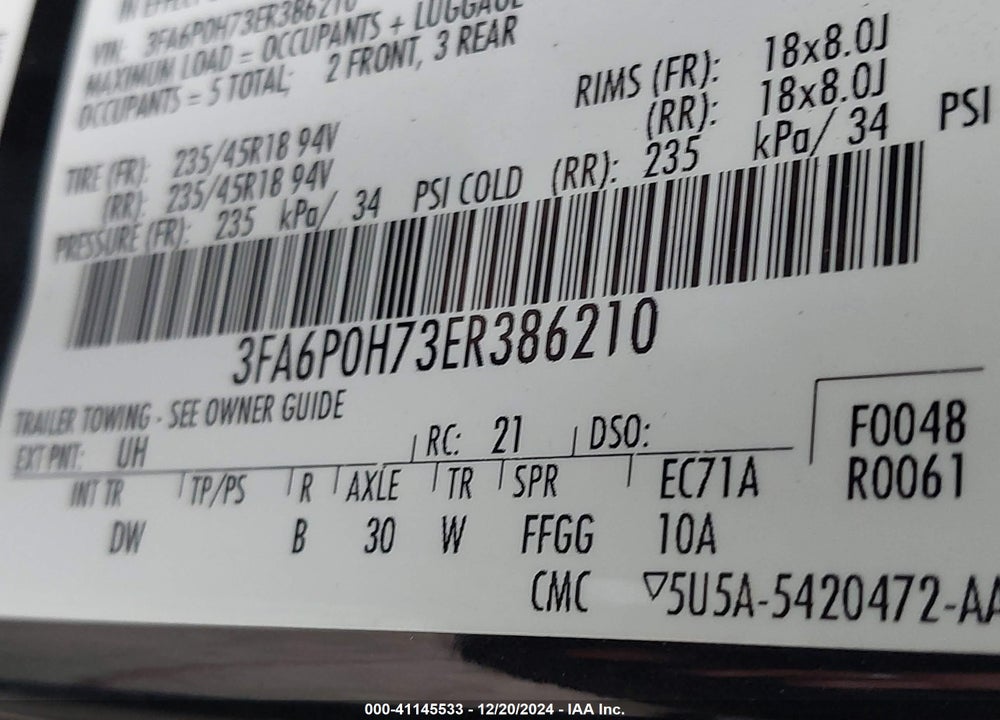 2014 FORD FUSION VIN: 3FA6P0H73ER386210