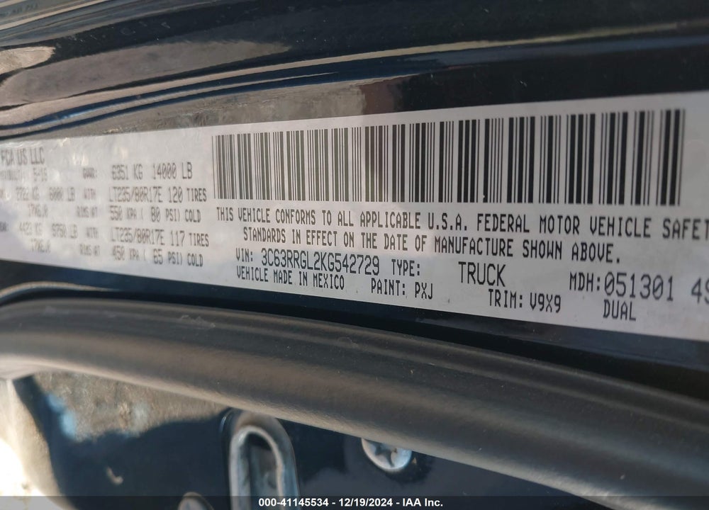 2019 RAM 3500 TRADESMAN  4X4 8' BOX VIN: 3C63RRGL2KG542729