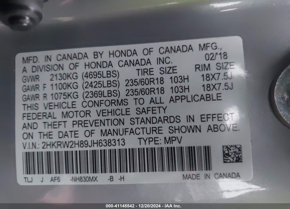 2018 HONDA CR-V EX-L/EX-L NAVI VIN: 2HKRW2H89JH638313