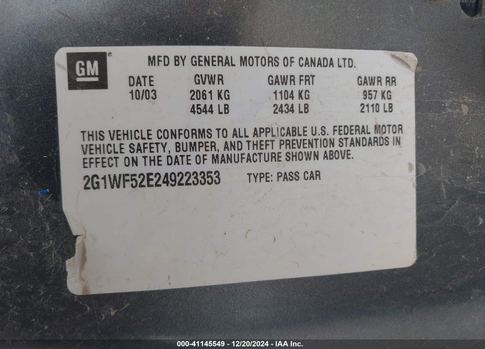 2004 CHEVROLET IMPALA VIN: 2G1WF52E249223353