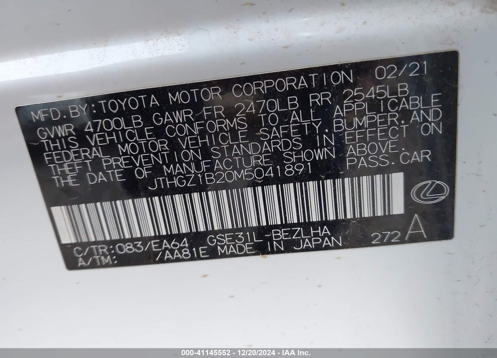 2021 LEXUS IS 350 VIN: JTHGZ1B20M5041891