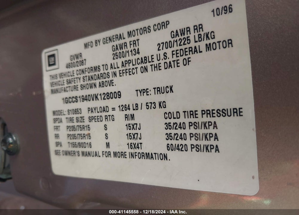 1997 CHEVROLET S-10 LS FLEETSIDE VIN: 1GCCS1940VK128009