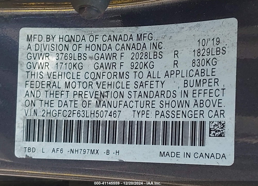 2020 HONDA CIVIC LX VIN: 2HGFC2F63LH507467