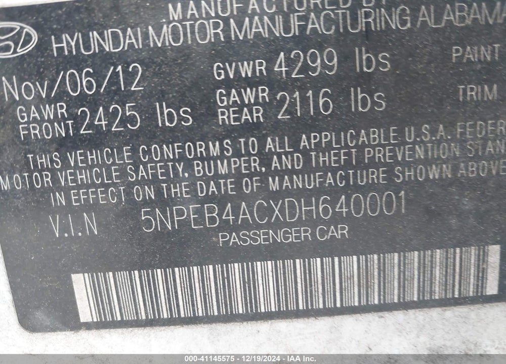 2013 HYUNDAI SONATA GLS VIN: 5NPEB4ACXDH640001