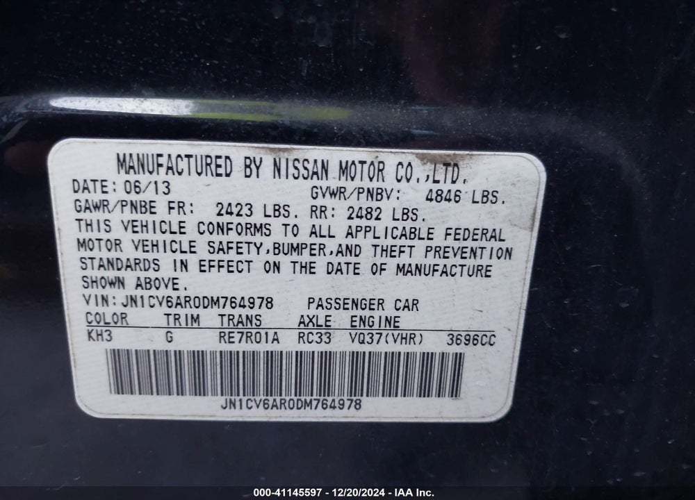 2013 INFINITI G37X VIN: JN1CV6AR0DM764978